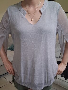 Light Silver Sheer V-Neck Tunic Top